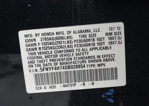 2013 Honda Pilot Ex-L z USA, uszkodzony, nr VIN 5FNYF4H74DB028854